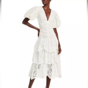 NWT FARM Rio Eyelet Puff Sleeve Tiered Cotton Midi Dress